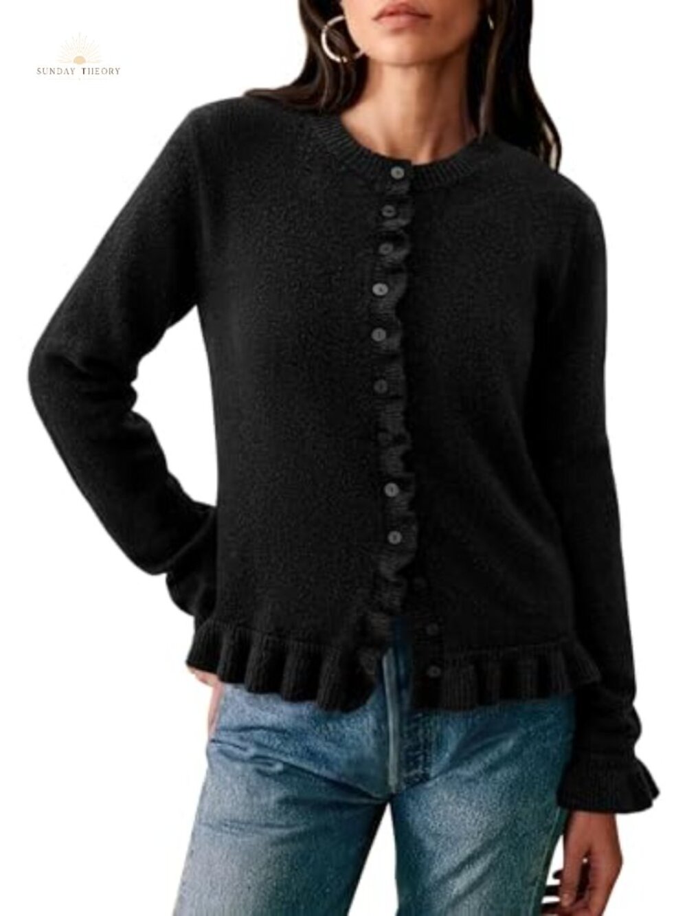 Womens Ruffle Long Sleeve Button Down Cropped Cardigan Sweater